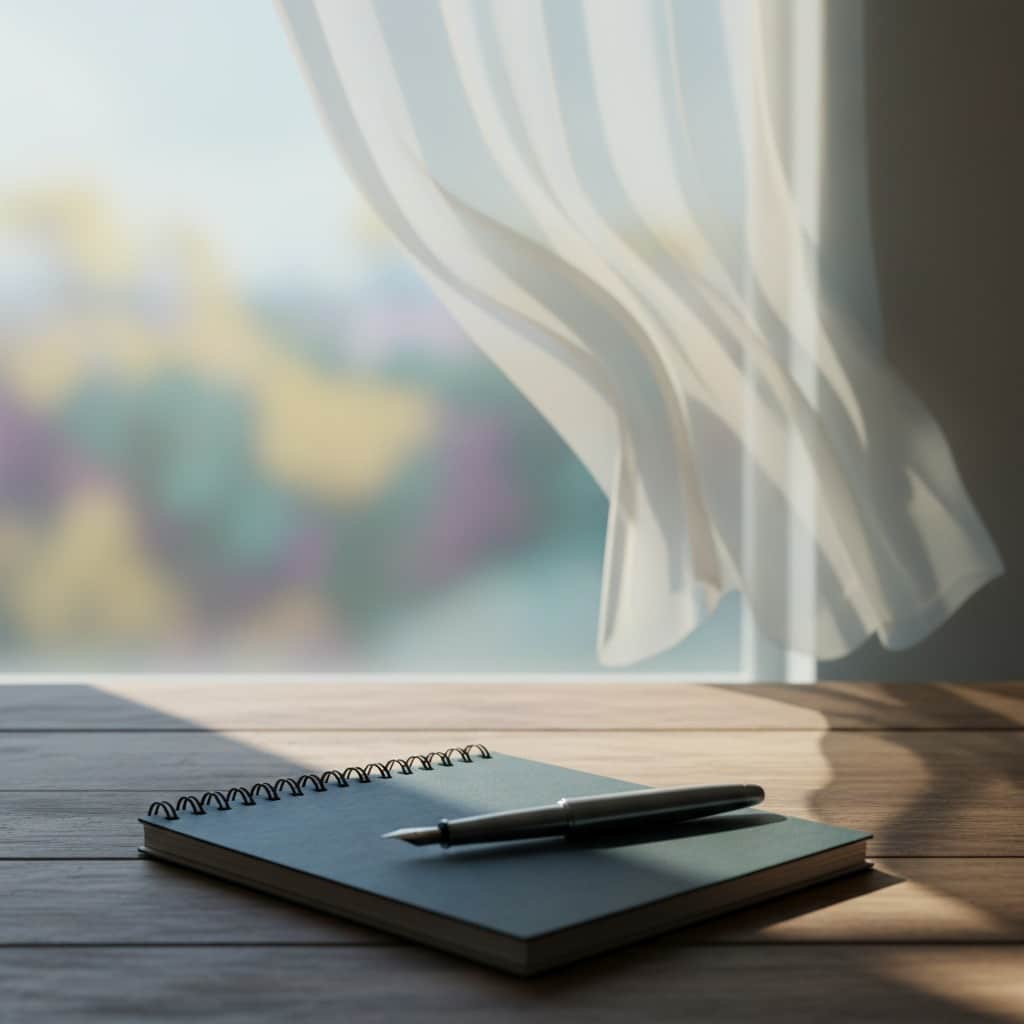 Um caderno de espirais com uma caneta de aparo pousada em cima sobre uma mesa de madeira junto a uma janela com cortinas brancas.
